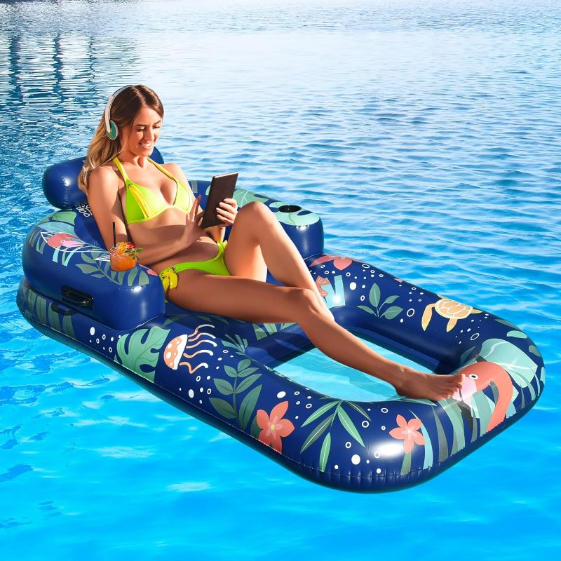 Photo 1 of Inflatable Pool Floats Adult, 70'' X 39'' Pool Floaties for Adults, Tanning Pool Lounger Floats with Cup Holders, Headrest& Backrest