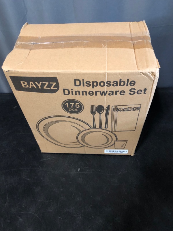 Photo 3 of BAYZZ 175 Piece Gold Dinnerware Set,25 Guest Gold Lace Design Plastic Plates,25 Gold Plastic Silverware,25 Gold Cups,25 Gold Napkins,25 Guest Disposable Gold Dinnerware Set