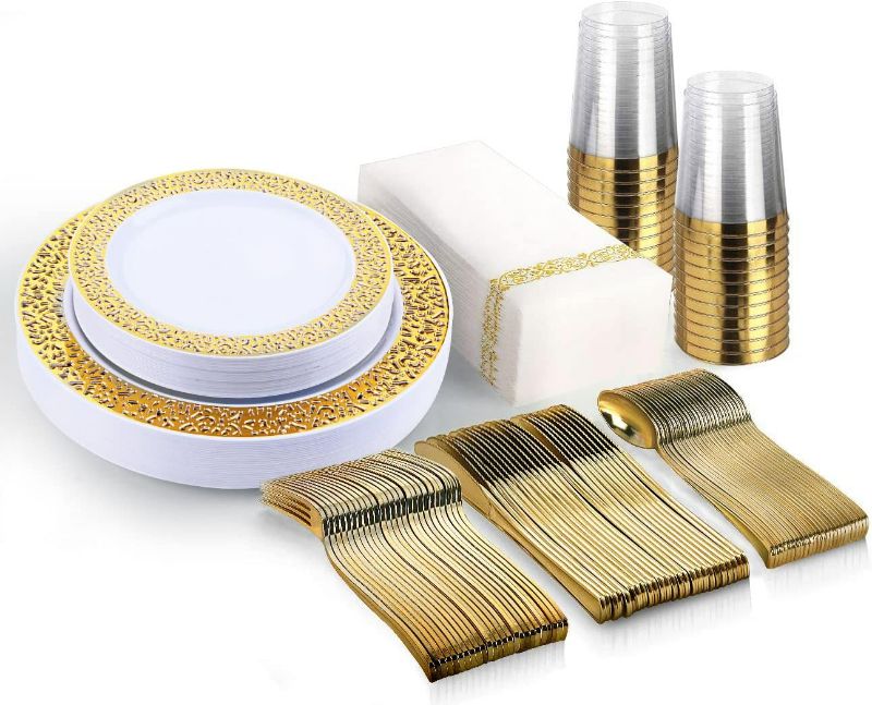 Photo 1 of BAYZZ 175 Piece Gold Dinnerware Set,25 Guest Gold Lace Design Plastic Plates,25 Gold Plastic Silverware,25 Gold Cups,25 Gold Napkins,25 Guest Disposable Gold Dinnerware Set