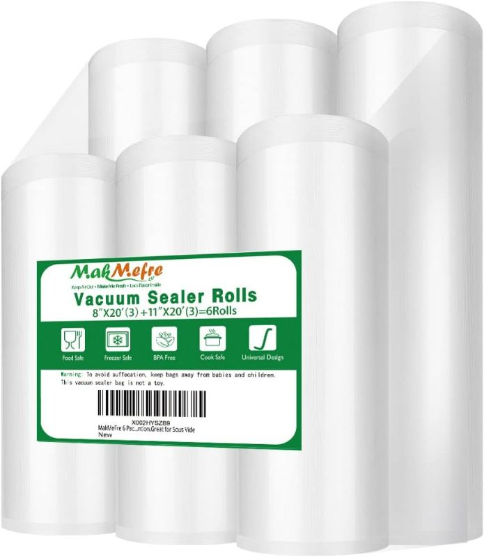 Photo 1 of 6 Pack 8"x20'(3Rolls) and 11"x20' (3Rolls) Vacuum Sealer Bags Rolls for Food,