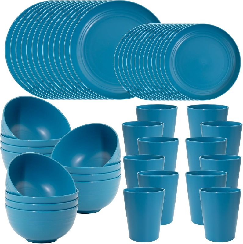 Photo 1 of LIYH 48pcs Blue Wheat Straw Dinnerware, Plates and Bowls Set, Camping Dish Set for 12, Plastic Dinnerware Set, Dishwasher Safe Dinnerware Set, Unbreakable Plastic, Camper Dish Sets