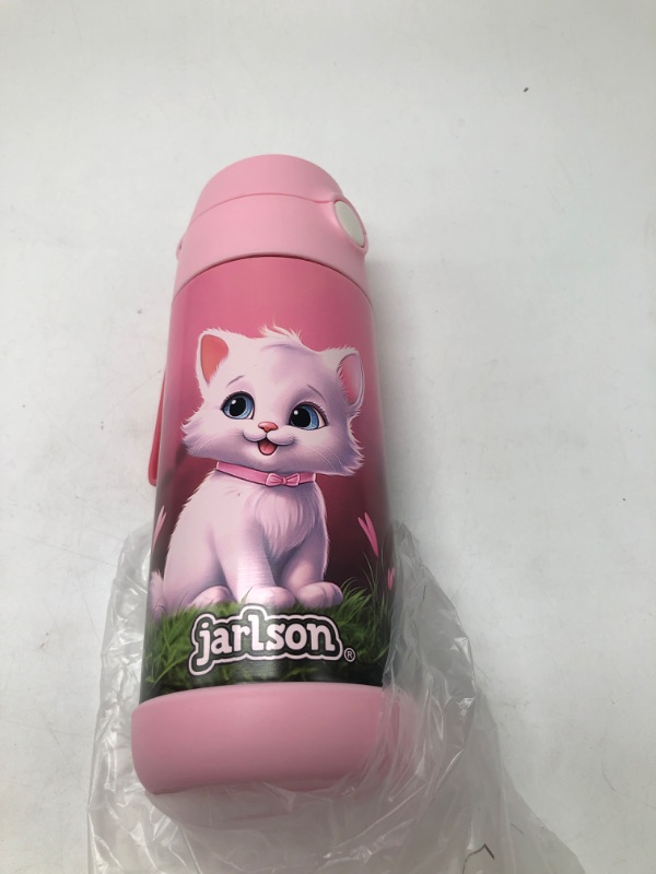 Photo 2 of Jarlson® Charli Children's Stainless Steel Drinking Bottle with Straw - Thermos Flask 350 ml - TÜV Tested - BPA Free - Leak-Proof - Thermal Water Bottle for School, Nursery (Cat 'Neo')