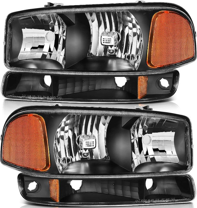 Photo 1 of Headlight Assembly for GMC Sierra 1500 1999-2006 for GMC Sierra 1500 Classic 2007 for GMC Sierra 2500 1999-2004 Black Housing Amber Reflector Clear Lens Driver and Passenger Side Headlamp