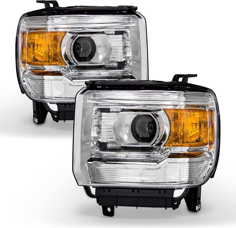 Photo 1 of HEADLAMPS For 2014 2015 2016 2017 2018 GMC Sierra 1500 Base/Denali/SLE/SLT 15-19 Sierra 2500HD/3500HD Base/Denali/SLE/SLT Clear Lens Chrome Housing with Amber Reflector Headlamp Replacement LH+RH