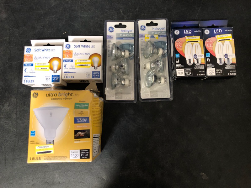 Photo 1 of 7 Piece Mixed Lot - Miscellaneous Light Bulbs (5 Boxes of LED Bulbs, 2 Packs of Halogen Bulbs) Sold As Is