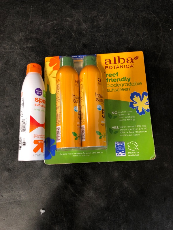 Photo 1 of Alba Botanica Reef Friendly Biodegradable sunscreen (2 7.5oz bottles) & 1 bottle of Up & Up spf50 sports sunscreen spray (7.3oz bottle) 