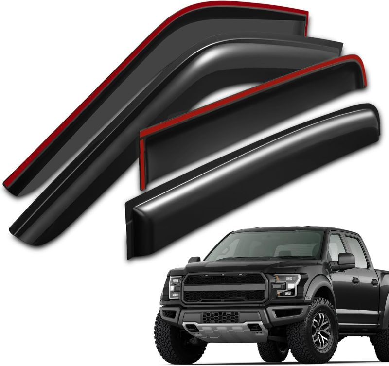 Photo 1 of  Tape-On Side Window Rain Guards for 2017-2024 Ford F-250 F-350 Super Duty and 2015-2020 Ford F-150 with SuperCrew Crew Cab Body Style, Gloss Black Window Deflectors Vent Visors