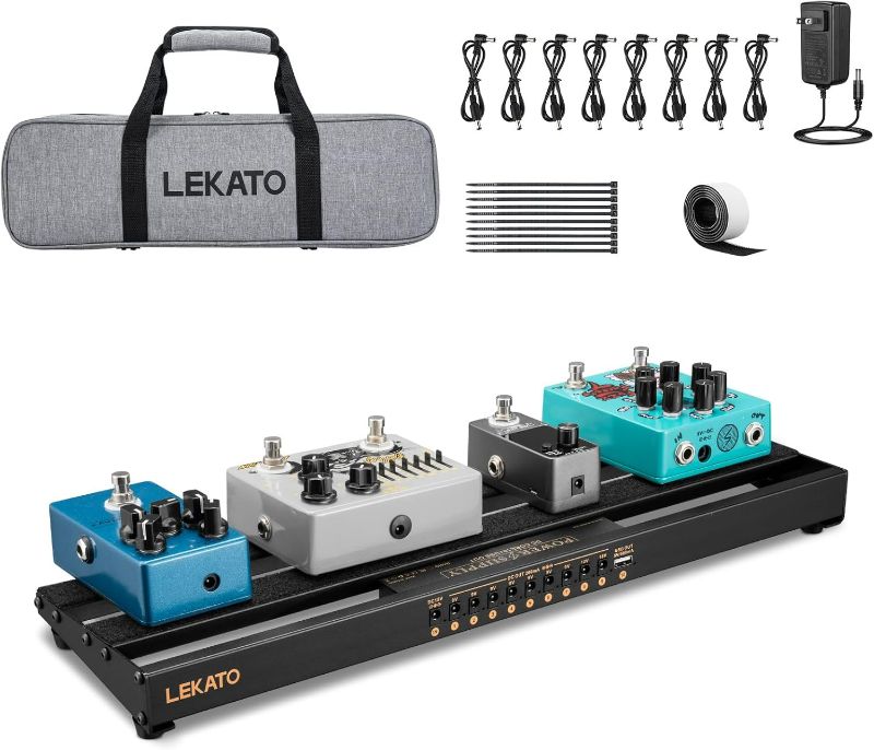 Photo 1 of LEKATO Guitar Pedal Board, Pedal Board with Built-in Power Supply, 19x5.1x1.8" 1.8LB, Aluminum Alloy PedalBoard with Pedal Cables, Bag, Adhesive Hookside Tape