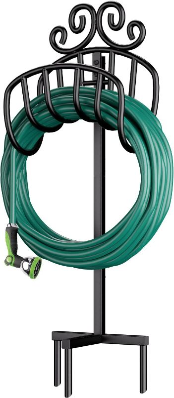 Photo 1 of AMAGABELI GARDEN & HOME Hose Holder for Outside Freestanding Holds 125ft Heavy Duty Metal Detachable Rustproof Hose Stand Hanger Decorative Water Hose Storage with Ground Stakes Garden Lawn Black