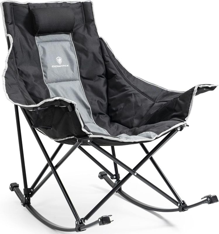 Photo 1 of Dowinx Oversized Rocking Camping Chair, Fully Padded Patio Chair with Side Pocket and Carry Bag, High Back Portable Lawn Recliner with Headrest, Support 300 lbs, Grey