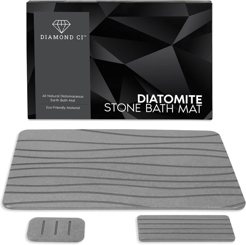 Photo 1 of Shower Stone Bath Mat, 23.5 x 15 Inches Mat by Diamond Ci, Set of 3 Drying Stone Bath Mats for Bathroom & Kitchen Counter Dish Drying Mat, Super Absorbing & Non-Slip Diatomite Mats, Dark Gray