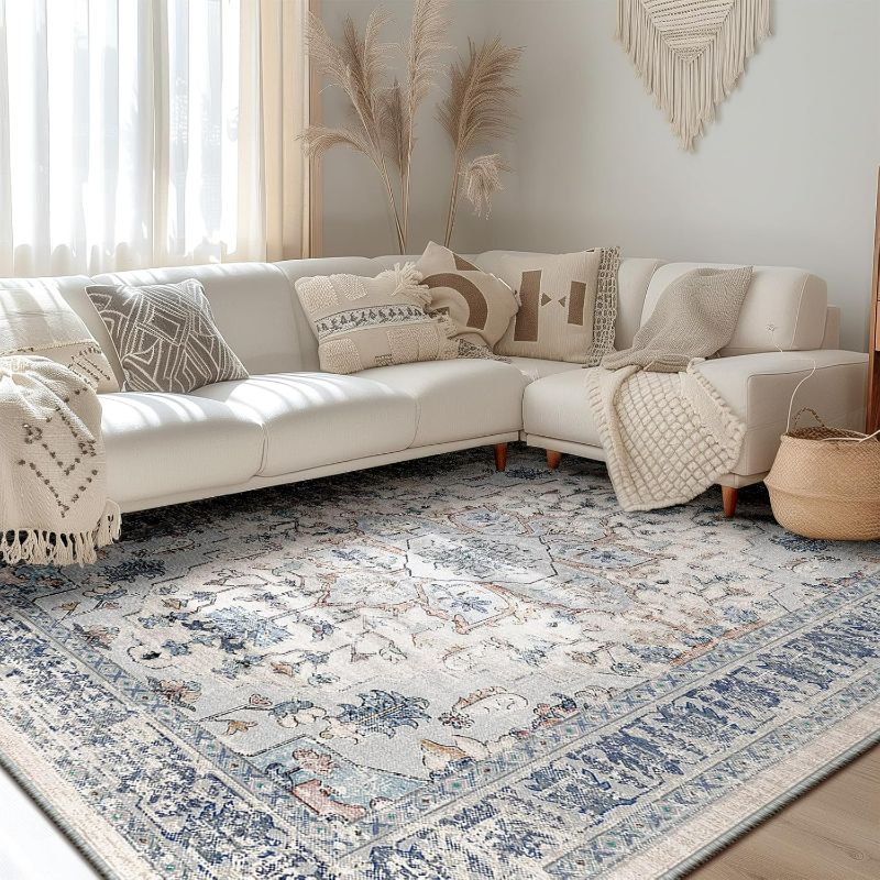 Photo 1 of BESTSWEETIE Area Rug 9x12 Rugs for Living Room 9 x 12 Washable Rugs Non Slip Vintage Boho Living Room Rugs for Bedroom Dining Room, Distressed Floral Pattern Carpet, Beige Blue