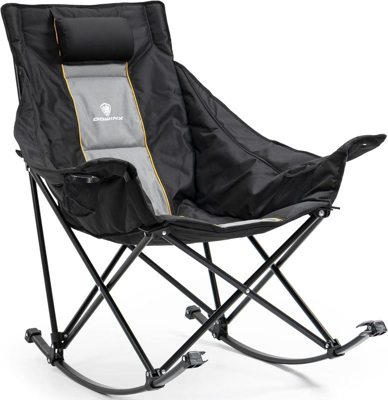 Photo 1 of Dowinx Oversized Rocking Camping Chair, Fully Padded Patio Chair with Side Pocket and Carry Bag, High Back Portable Lawn Recliner with Headrest, Support 300 lbs, Black