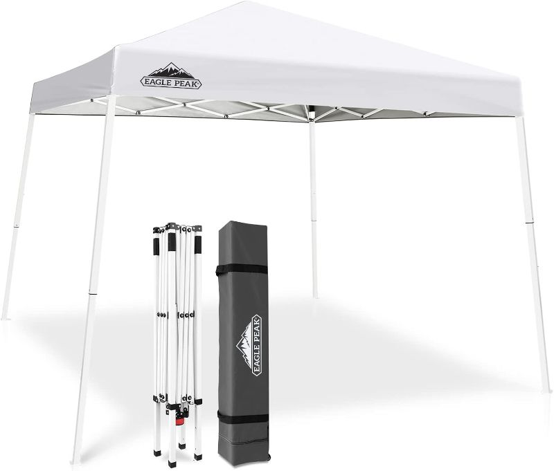 Photo 1 of EAGLE PEAK Slant Leg Pop up Canopy Tent, Easy One Person Setup Instant Outdoor Beach Canopy Folding Portable Sports Shelter, 10x10 Base 8x8 Top, White