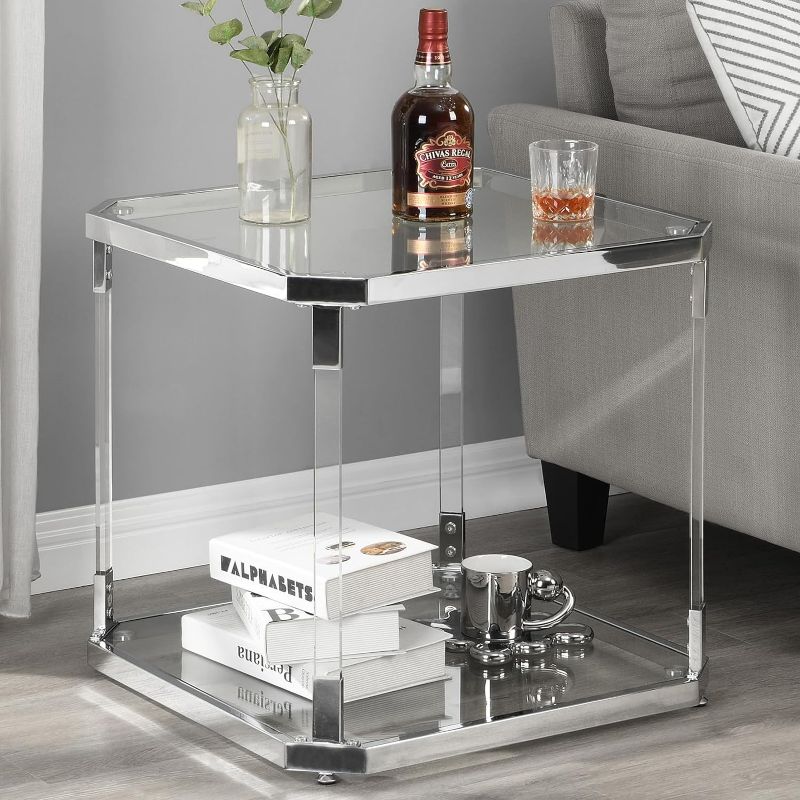 Photo 1 of Glass Top Side Table - Silver Square Glass Top End Table Clear Acrylic Nightstand for Living Room Bedside Bedroom