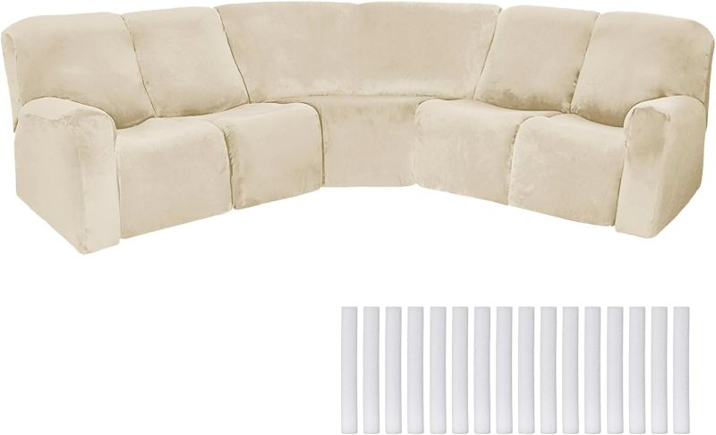 Photo 1 of  L Shape Sectional Recliner Sofa Covers 5 Seat Sectional Couch Covers Velvet Stretch Reclining Sofa Cover (Beige,Velvet)