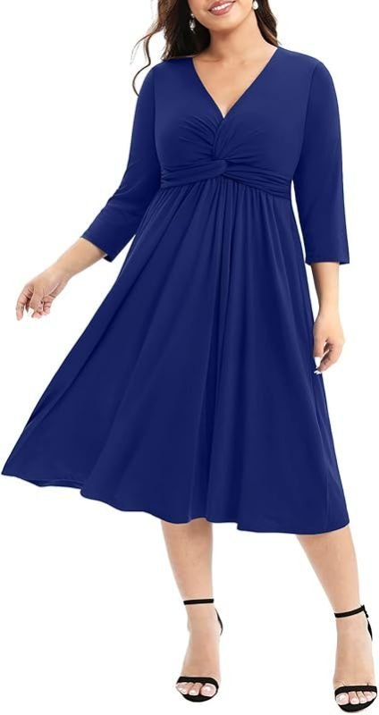 Photo 1 of **SIZE 26W** Pinup Fashion Women's Plus Size Twist Knot Front V Neck 3/4 Sleeve A-line Wedding Guest Midi Dress