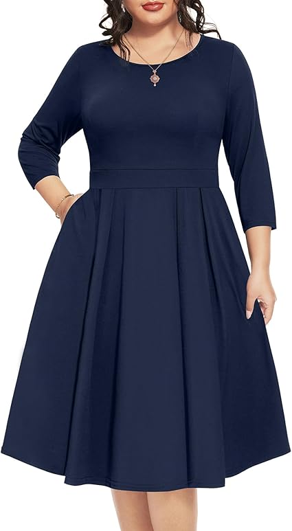 Photo 1 of **SIZE 26W** Pinup Fashion Plus Size Work Dresses - Fall Church Office Semi Formal Fit and Flare Midi Dress with Pockets