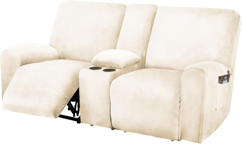 Photo 1 of  Reclining Love Seat with Middle Console Slipcover, 8-Piece Velvet Stretch Loveseat Reclining Sofa Covers, 2 seat Love seat Recliner Cover, Thick, Soft, Washable, Love seat Slipcovers (Ivory)