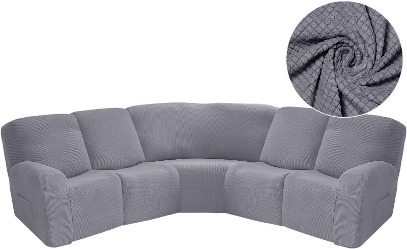 Photo 1 of Corner Sofa Cover, Velvet Stretch Sectional Cover, Recliner Corner Sofa Protector, Corner Sofa Couch Cover for Recliner, Sectional Sofa Set for Livingroom(5 Seats,Lattice Texture-Light Grey)