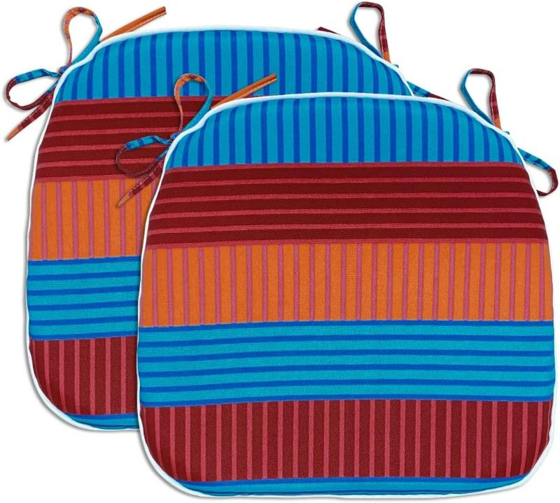 Photo 1 of  Outdoor Seat Cushions Red and Navy Stripe Set of 2 Patio Chair Cushions with Ties 16x17 Inch Square Chair Pads