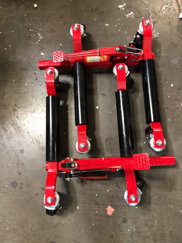 Photo 2 of  Car Wheel Dolly Jack Set of 2, Mechanical 1500-lbs Car Skates, 12'' Wheel Vehicle Positioning Jack, Heavy Duty Rollers with Ratcheting Foot Pedal for Tire Auto Repair Moving, Red