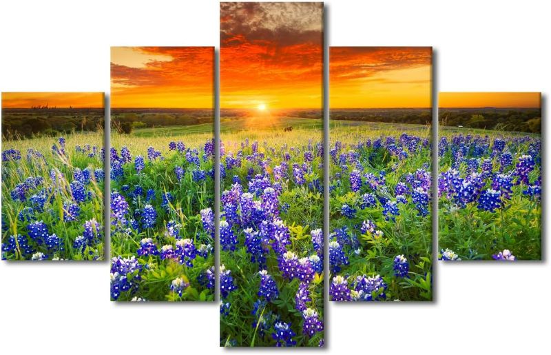 Photo 1 of Bluebonnets Wall Art Texas Pasture Filled with Bluebonnets at Sunset Poster Prints on Canvas 5 Pieces Texas Pasture Canvas Wall Decor Home Decoration for Living Room Framed Ready to Hang (60''Wx40''H)