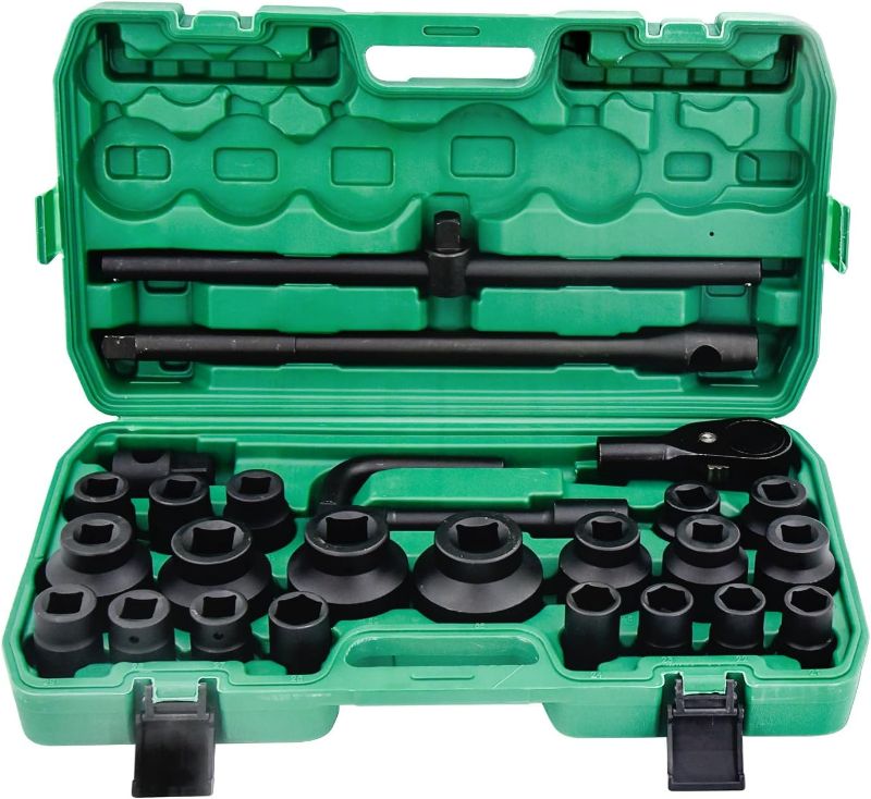 Photo 1 of 26PCS 3/4 Inch and 1-Inch Drive Socket Set, Metric Size (21-50 mm and 55-65 mm) Jumbo Impact Socket Sets,6 Point, Cr-V,Includes Adapter,Ratchet Wrench, Extension Bar and Portable Storage Case