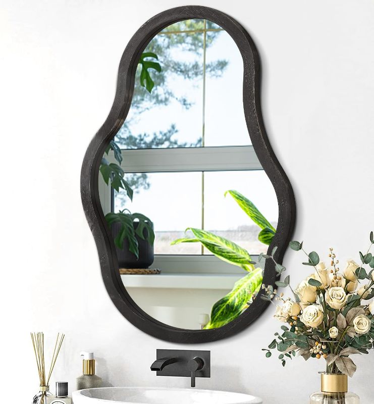 Photo 1 of Irregular Wall Mirror Asymmetrical Wooden Framed Mirror Wavy Unique Hanging Mirror Modern Artistic Mirror Decor Bathroom Vanity Bedroom Living Room Entryway Hallway Large 14x30inch