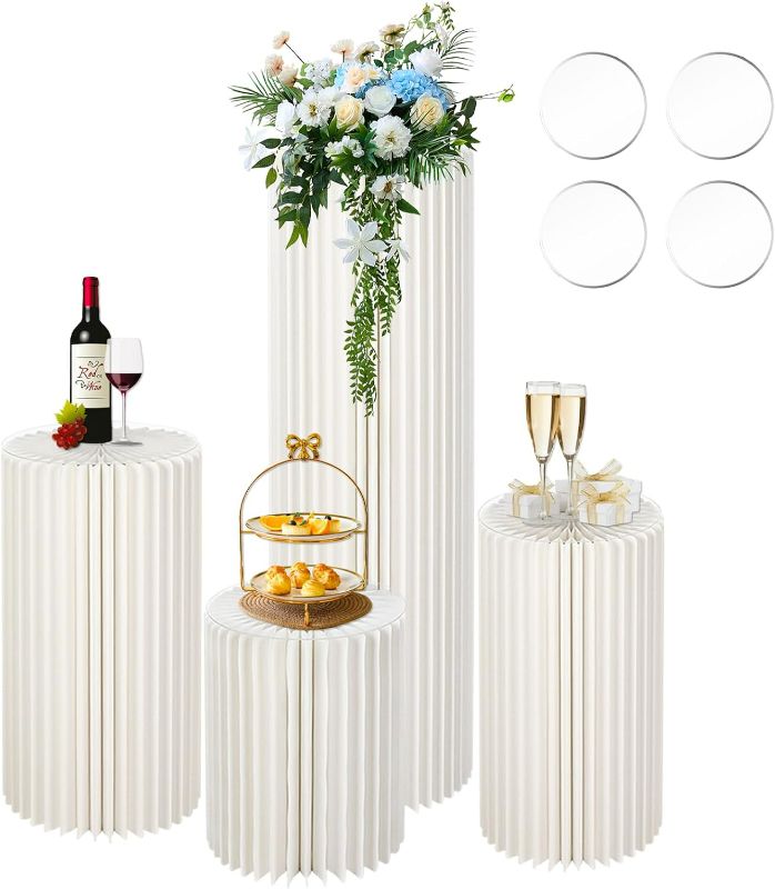 Photo 1 of 4Pcs Foldable Cylinder Stands for Party with Acrylic Disc, Round Columns Pedestal Display Stands, 39.4/31.5/23.6/15.7In White Cylinder Wedding Centerpiece Cardboard Roman Pillar for Birthday Party Wedding Decoration