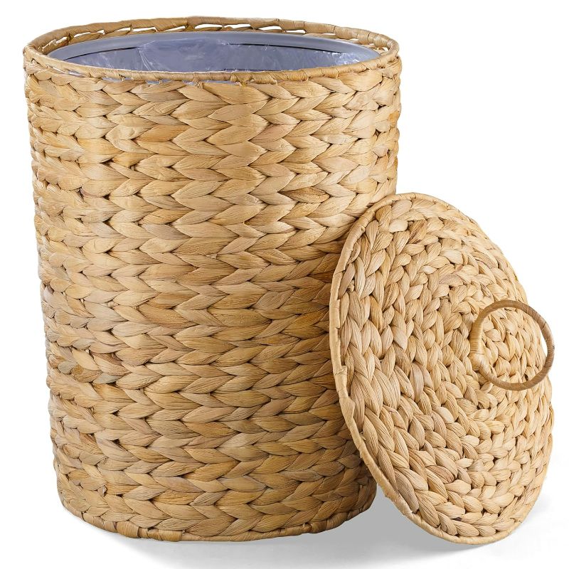 Photo 1 of BLUEWEST 4.5 Gallons Wicker Trash Can with Lid and Removable Liner, Wicker Rattan Bathroom Trash Can, Large Woven Trash Can for Office, Hyacinth Waste Basket for Bedroom, Living Room, Home Kitchen