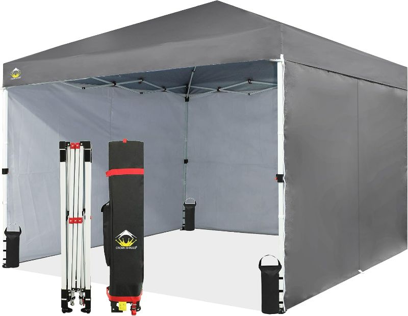 Photo 1 of CROWN SHADES 10X10 Comercial Instant Canopy Pop Up Tent with Center Lock (10x10 with 4 Sidewalls, Grey)
