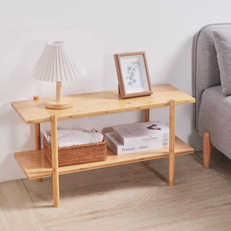 Photo 1 of 2 Tier Narrow Side Table - Bamboo Narrow Nightstand with Storage Shelf - 30 Inches Wide - Slim Nightstand for Living Room, Bedroom Study and Balcony
