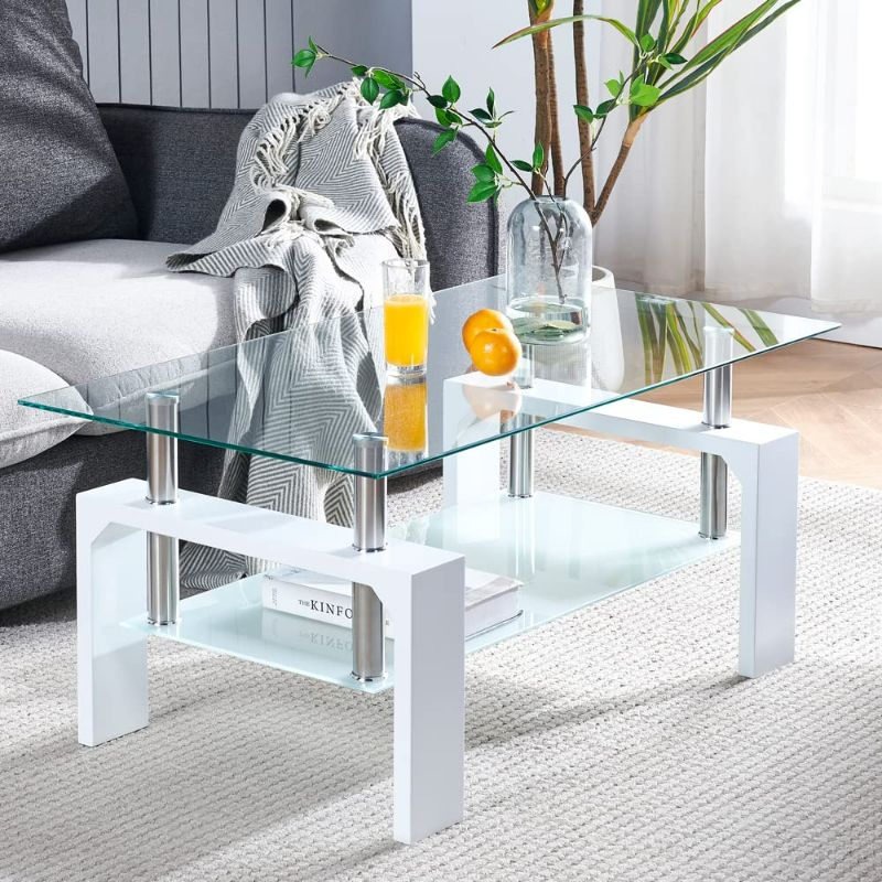 Photo 1 of Btrpily Living Room Rectangle Coffee Table, Tea Table Suitable for Waiting Room, Modern Side Coffee Table with Wooden Leg, Glass Tabletop with Lower Shelf, 39.5*23.5*17.5 inches , White
