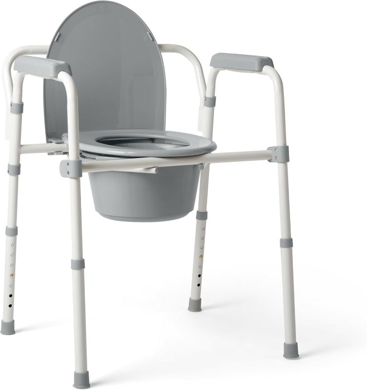 Photo 1 of Medline 3-in-1 Steel Bedside Commode, Standard Seat, Sturdy Folding Frame, 7.5 QT. Bucket, 350 lb. Weight Capacity, Clip-on Seat, Easy Cleaning, Tool-Free Assembly, Gray and Blue
