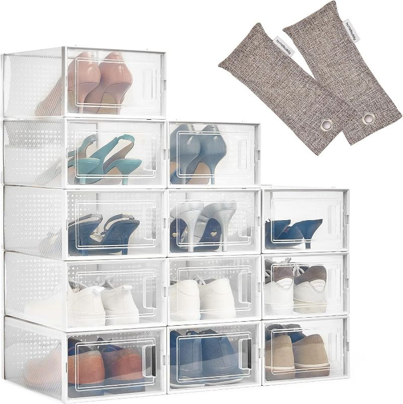 Photo 1 of HomeBuddy Shoe Organizer for Closet - 12 Pack Shoe Boxes Clear Plastic Stackable Bins, Clear Shoe Boxes Stackable with Lids, Sneakers Storage Case, Zapateras Organizer for Shoes, Closet Shoe Organizer(Color Black and Clear)
