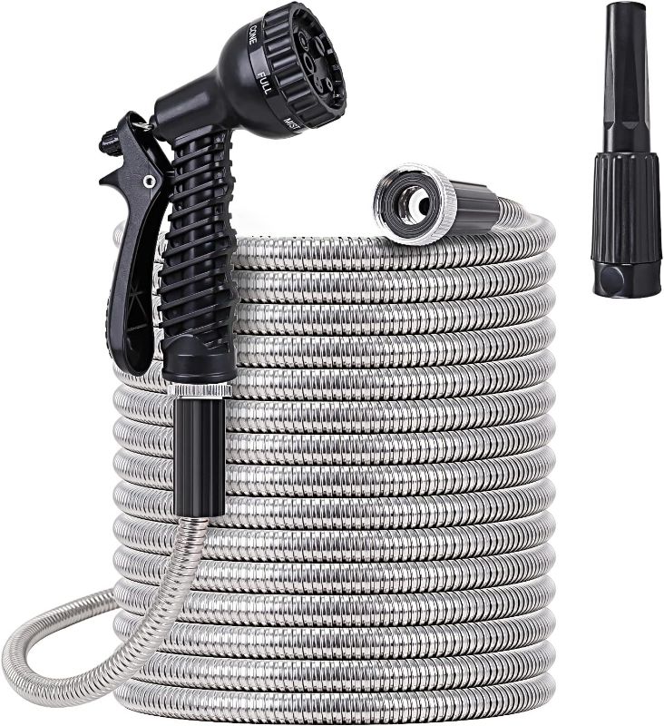 Photo 1 of Dsermall 50FT Heavy Duty Stainless Steel Garden Hose Garden Watering Kit Metal Water Hose  
