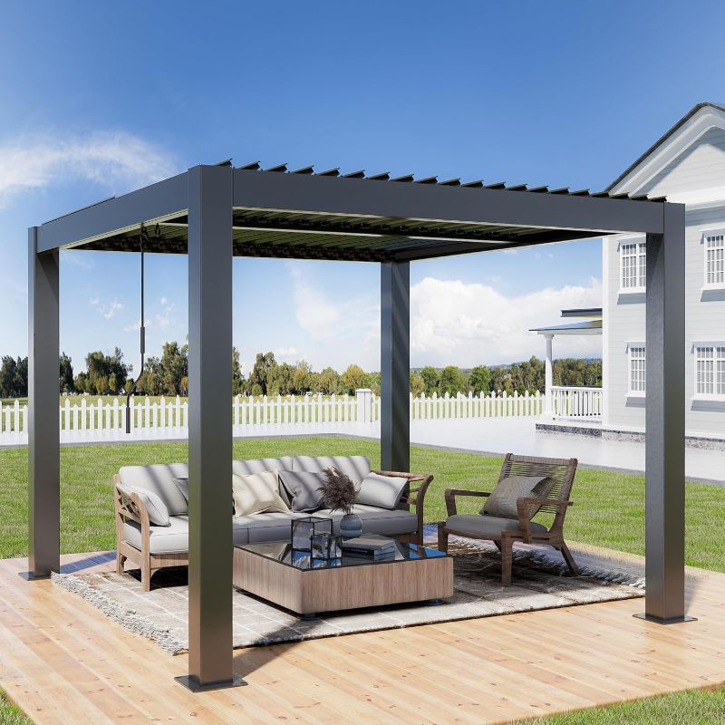 Photo 1 of PARTS ONLY!!! Outdoor Louvered Pergola 10' x 10', Aluminum Outdoor Louvered Pergola with Adjustable Roof, Adjustable Louvered Pergola for Outdoor Deck, Patio, Lawn & Garden
