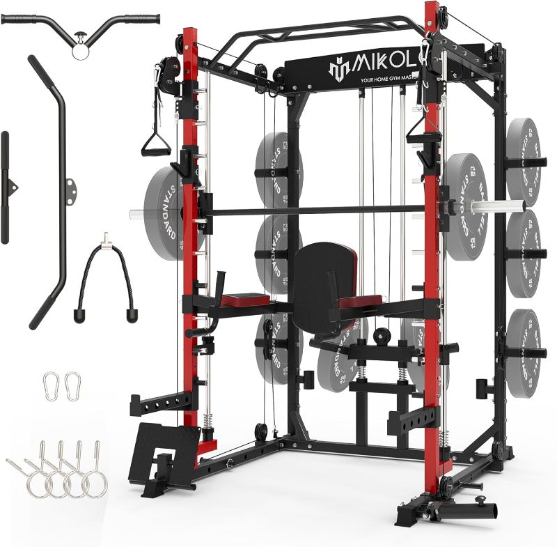 Photo 1 of PARTS ONLY!!! Mikolo Smith Machine with Weight Bar and 8 Weight Storage Pin, 2000 Pounds Capacity Multi-Function Power Cage Squat Rack with Cable Crossover, T-bar Row Attachment and Other Attachments
