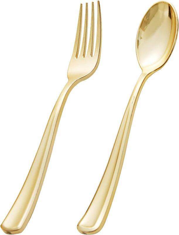 Photo 1 of BUCLA 200 Pieces Gold Plastic Silverware - Disposable Gold Utensils - Heavy Duty Plastic Cutlery set- 100 Gold Plastic Forks, 100 Gold Plastic Spoons for Catering, Parties, Dinners, Weddings
