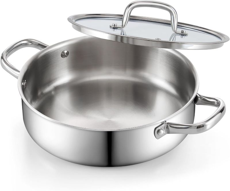 Photo 1 of Cook N Home Deep Saute Pan with Lid 4 Quart, Tri-Ply Clad Stainless Steel Deep Frying Pan, 10.5 Inch Skillet, Induction Cooking Pan Kitchen Pan, Silve
