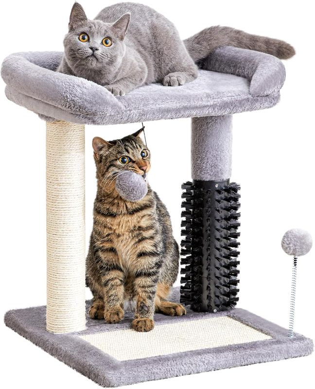 Photo 1 of Made4Pets Small Cat Tree Tower, Cat Scratching Post 4-in-1 with Cat Self Groomer Brush, 20" Tall Natural Sisal Cat Scratcher, Soft Plush Cat Perch Bed with Dangling Ball for Indoor Kittens, Grey
