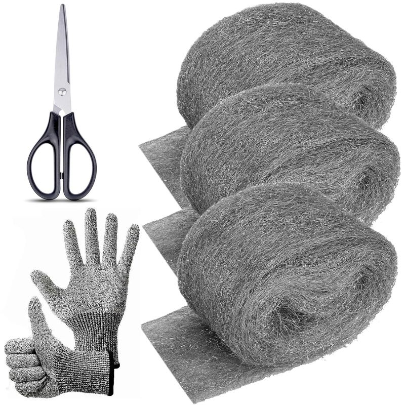 Photo 1 of 3Pack Steel Wool for Mice Control 3.2" x10.5 ft Wool, Gap Filler for Home & Garage, DIY Bundle with Gloves & Scissors
