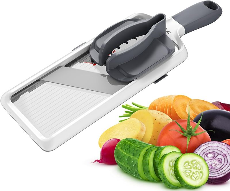 Photo 1 of Multi Handheld Mandoline Slicer - Adjustable Stainless Steel Blade, Comfort Grip, Safety Features, Easy to Clean, Ideal for Speedy Slicing of Fruits and Vegetables (Gray)
