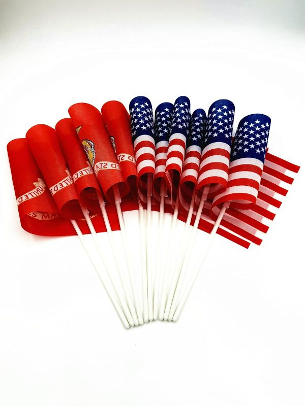 Photo 1 of 20 Pcs Small USA and Marine Corps Mini Flag on Stick 5x8 Inch US Military Hand Held Stick Flags Suitable For Various American July 4th Veteran Party Memorial Day And National Day Decorations
