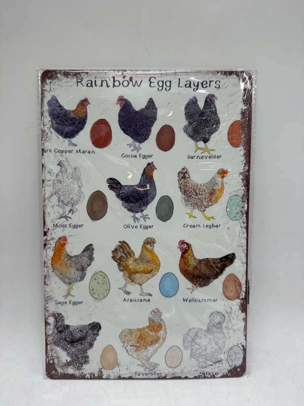 Photo 2 of JIUFOTK Different Colored Egg Types Metal Tin Signs Rainbow Egg Layers Knowledge Posters Farmers Reference Infographic Plaques Farm Farmhouse Courtyard Shop Room Wall Decor 12x18 Inches
