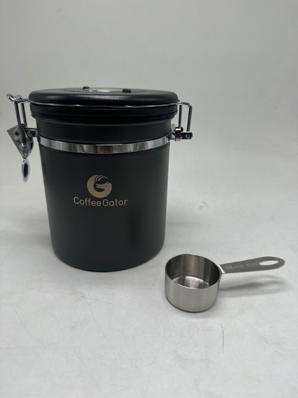 Photo 2 of Coffee Gator Stainless Steel Canister - Medium 16oz, Black Coffee Grounds and Beans Container with Date-Tracker, CO2-Release Valve, and Measuring Scoop - Gifts for Coffee Lovers
