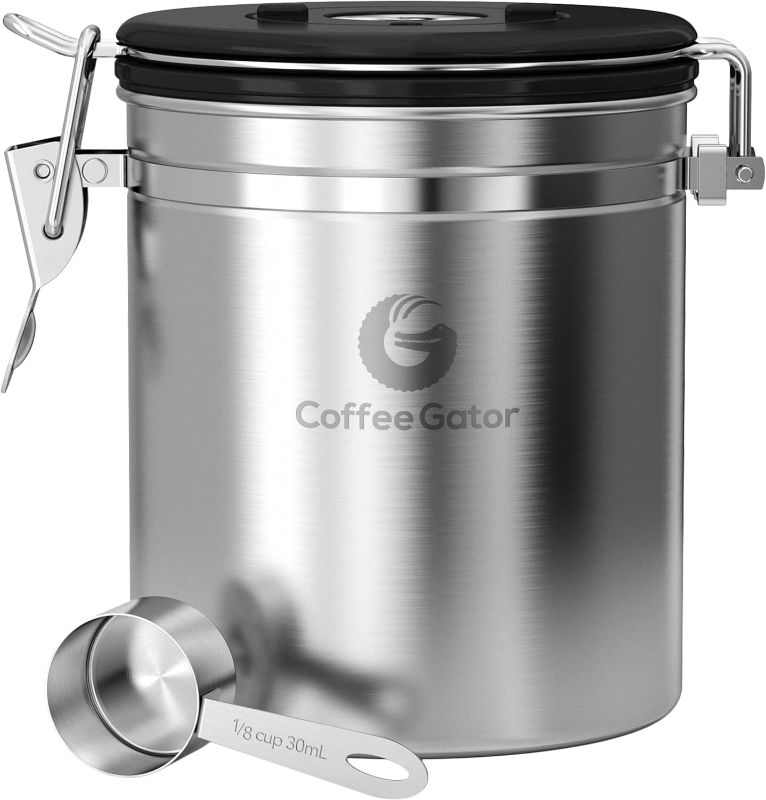 Photo 1 of Coffee Gator Stainless Steel Canister - Medium 16oz, Black Coffee Grounds and Beans Container with Date-Tracker, CO2-Release Valve, and Measuring Scoop - Gifts for Coffee Lovers
