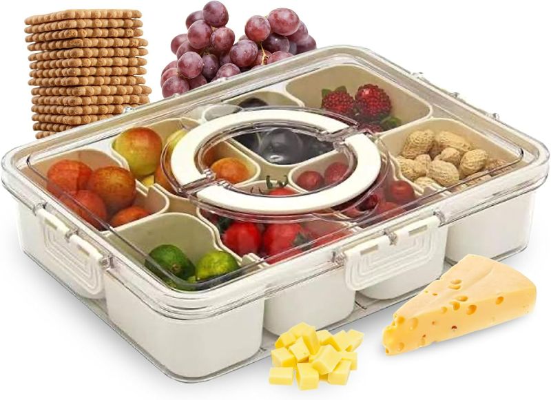 Photo 1 of Divided Serving Tray with Lid and Handle,8 Compartment Snackle Box Container for Candy, Nuts, Cookies, Fruit and Vegetables, Charcuterie Board with Lid for Parties, Travel, Beach and Home
