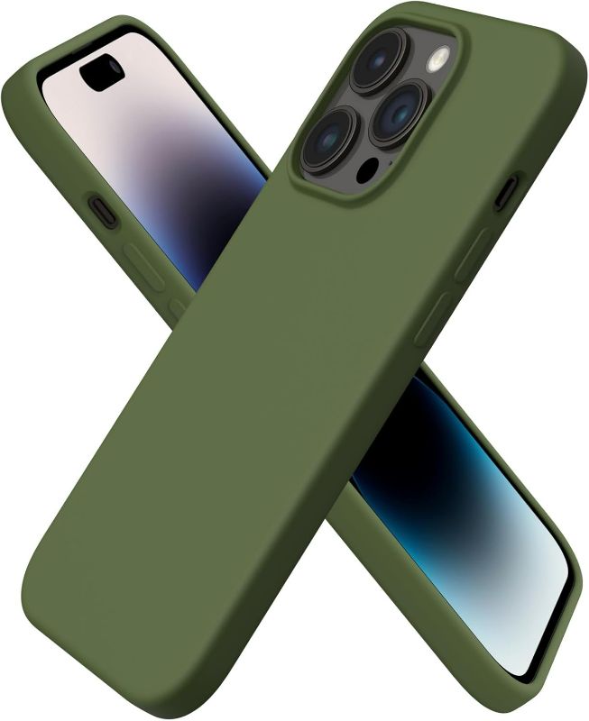 Photo 1 of ORETECH Compatible with iPhone 14 Pro Case 6.1, Slim Liquid Silicone 3 Layers Full Covered Soft Gel Rubber Phone Case Protective Cover with Microfiber Lining 6.1 inch-Cedar Green
